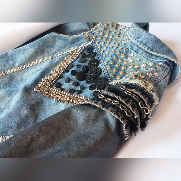 Customized Studded Denim and Leather Jacket - Picture 6 of 10